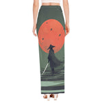 Red Moon Samurai Print High Slit Maxi Skirt