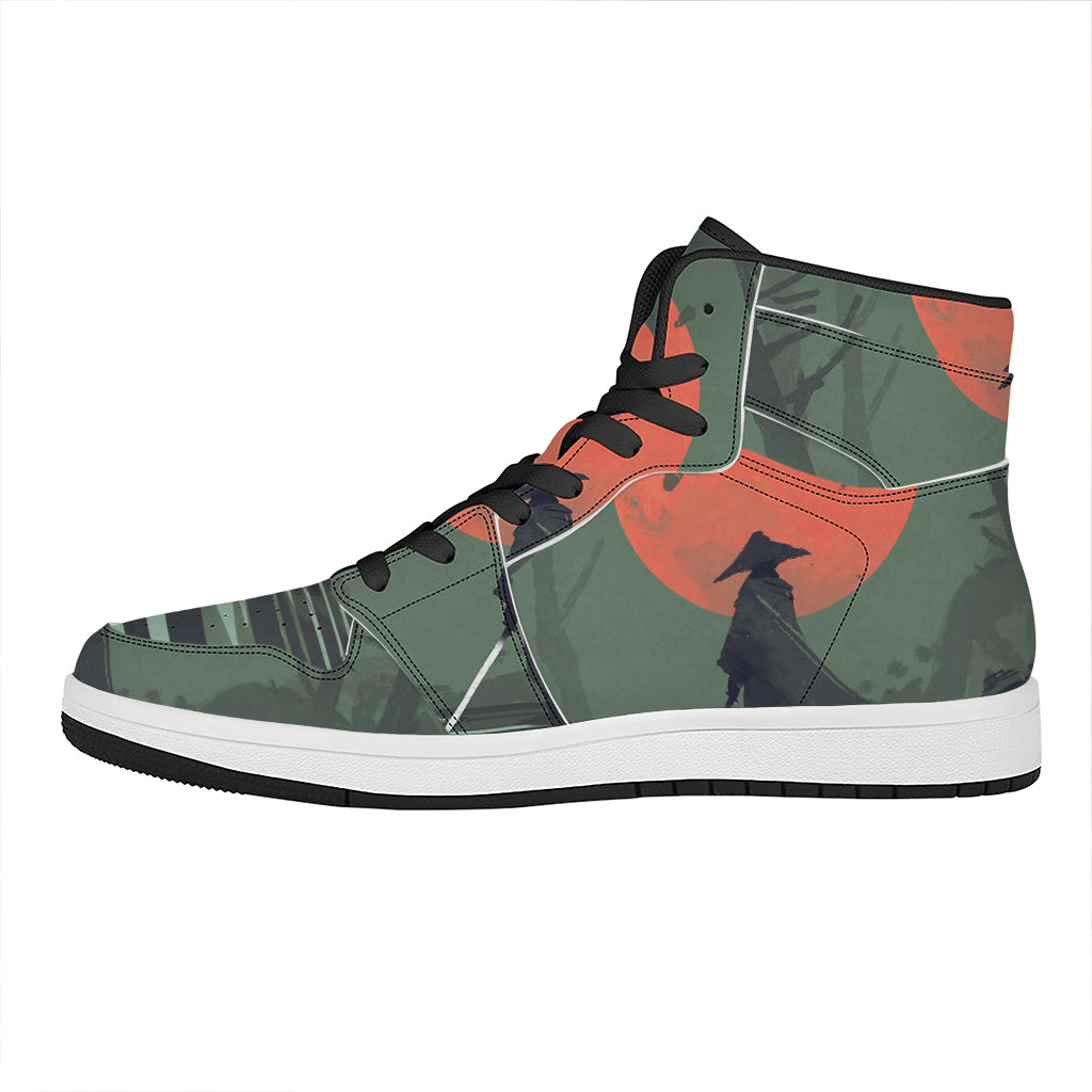 Red Moon Samurai Print High Top Leather Sneakers