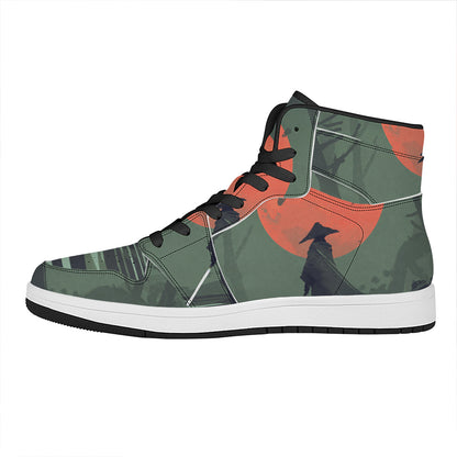 Red Moon Samurai Print High Top Leather Sneakers