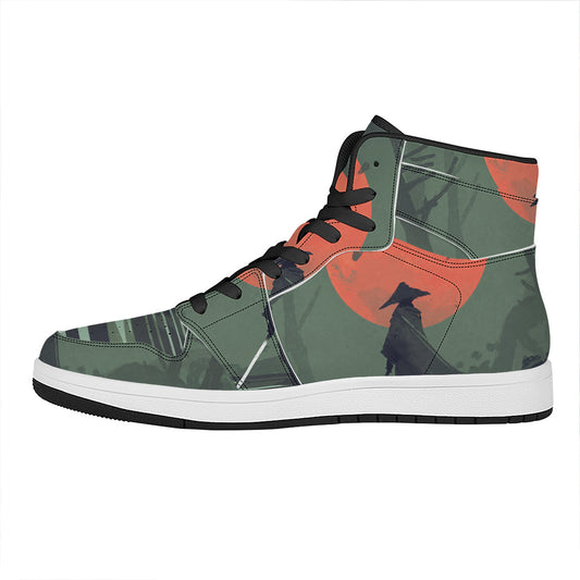 Red Moon Samurai Print High Top Leather Sneakers