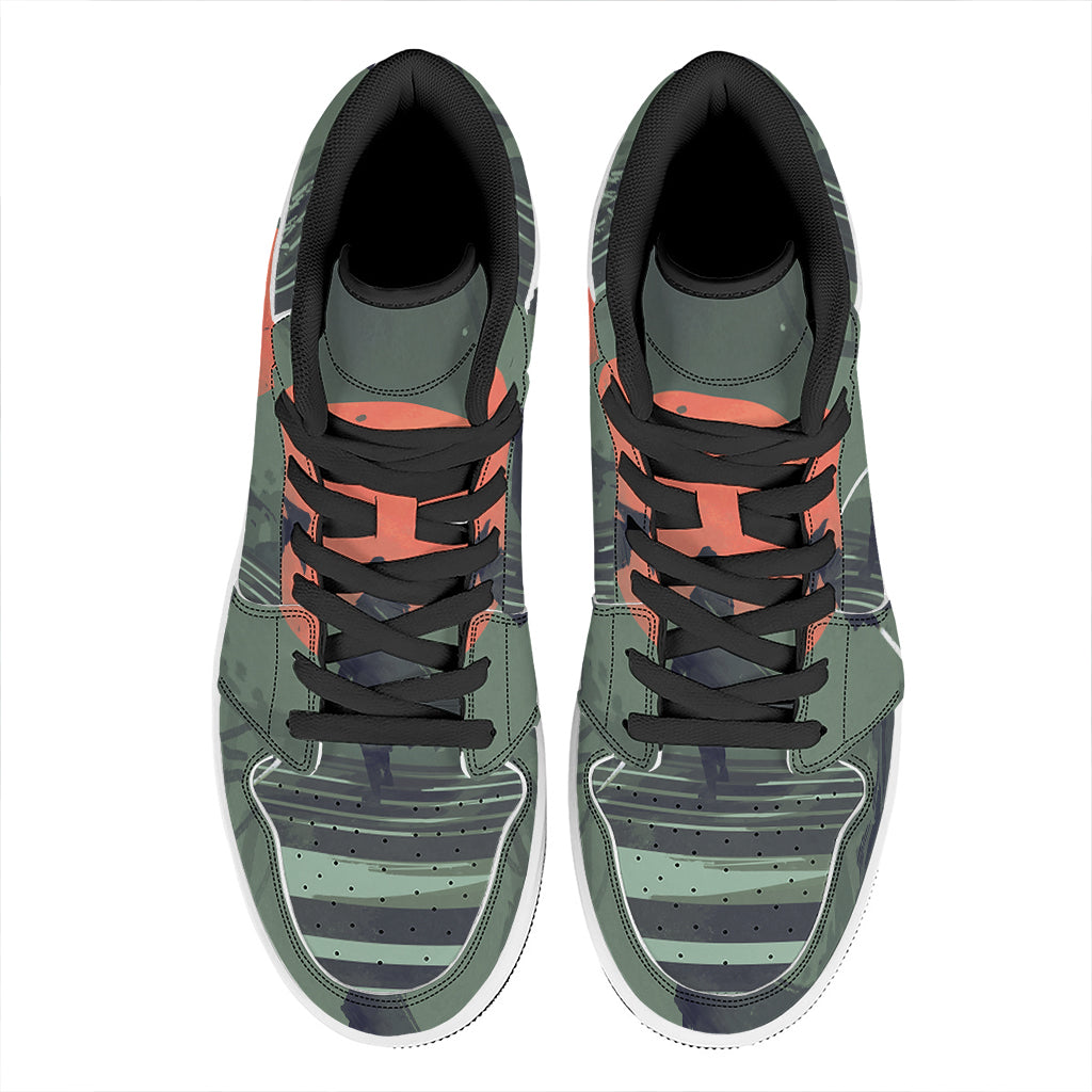 Red Moon Samurai Print High Top Leather Sneakers