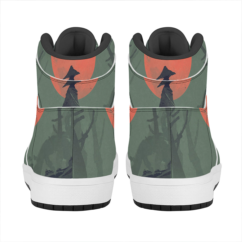 Red Moon Samurai Print High Top Leather Sneakers