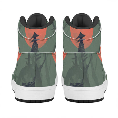 Red Moon Samurai Print High Top Leather Sneakers