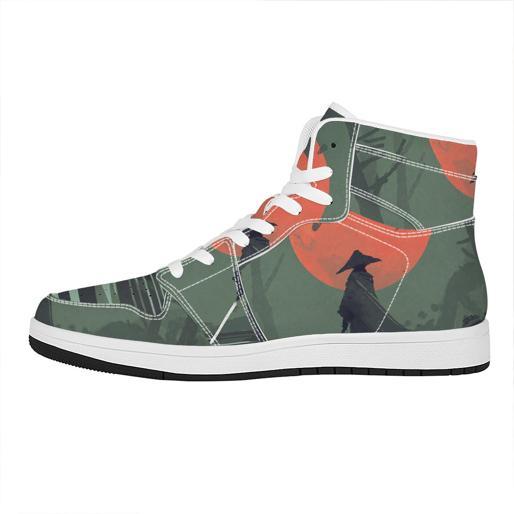 Red Moon Samurai Print High Top Leather Sneakers