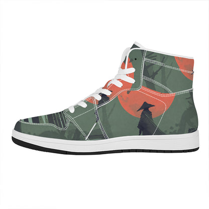 Red Moon Samurai Print High Top Leather Sneakers