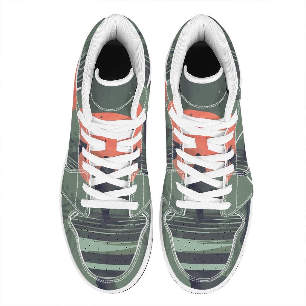 Red Moon Samurai Print High Top Leather Sneakers