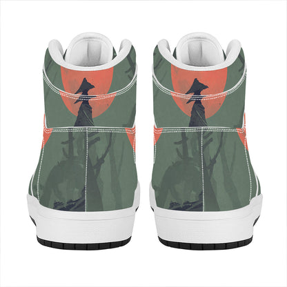 Red Moon Samurai Print High Top Leather Sneakers