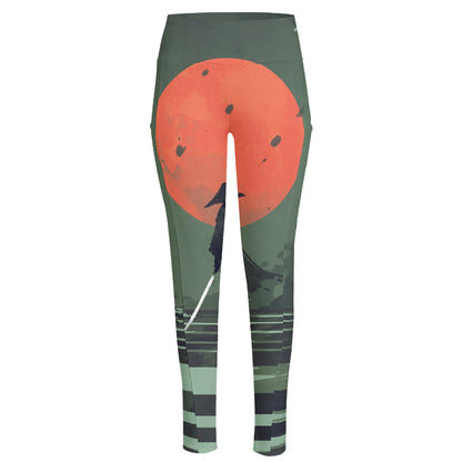 Red Moon Samurai Print High-Waisted Pocket Leggings
