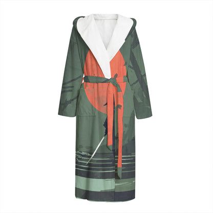 Red Moon Samurai Print Hooded Bathrobe