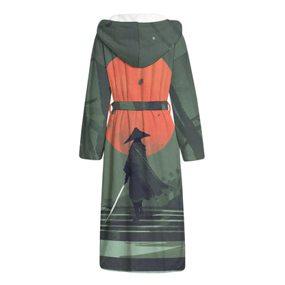 Red Moon Samurai Print Hooded Bathrobe