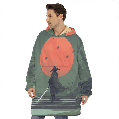 Red Moon Samurai Print Hoodie Blanket