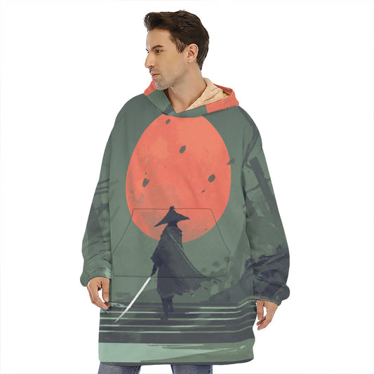 Red Moon Samurai Print Hoodie Blanket