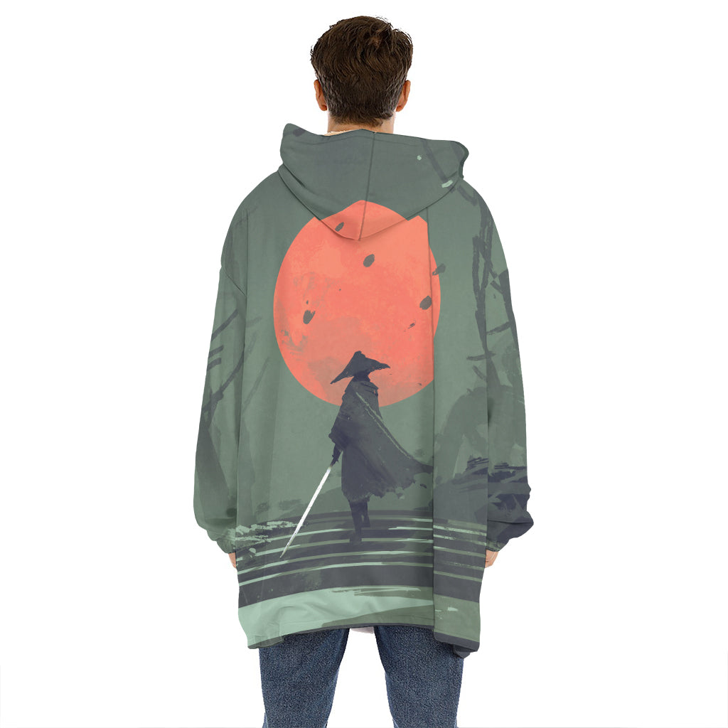 Red Moon Samurai Print Hoodie Blanket