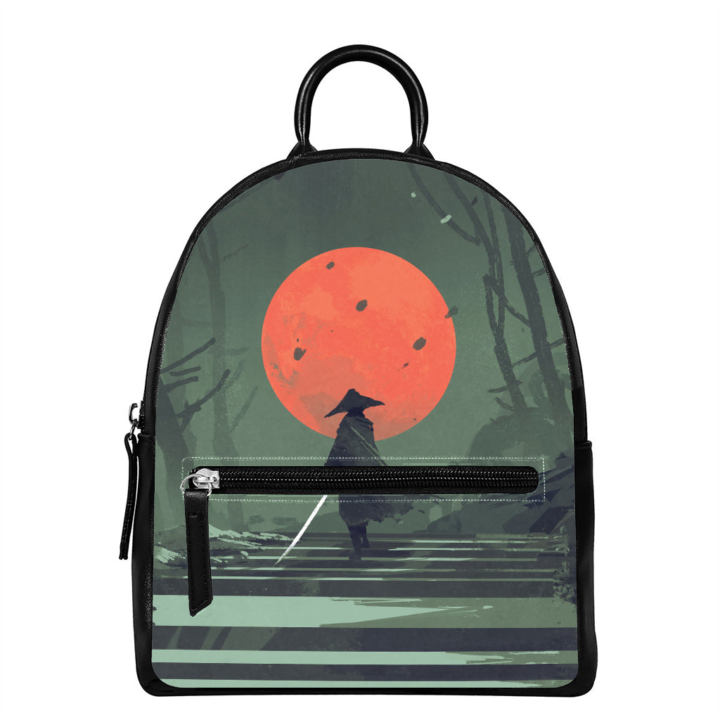 Red Moon Samurai Print Leather Backpack