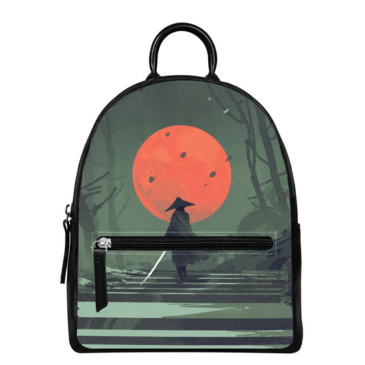 Red Moon Samurai Print Leather Backpack