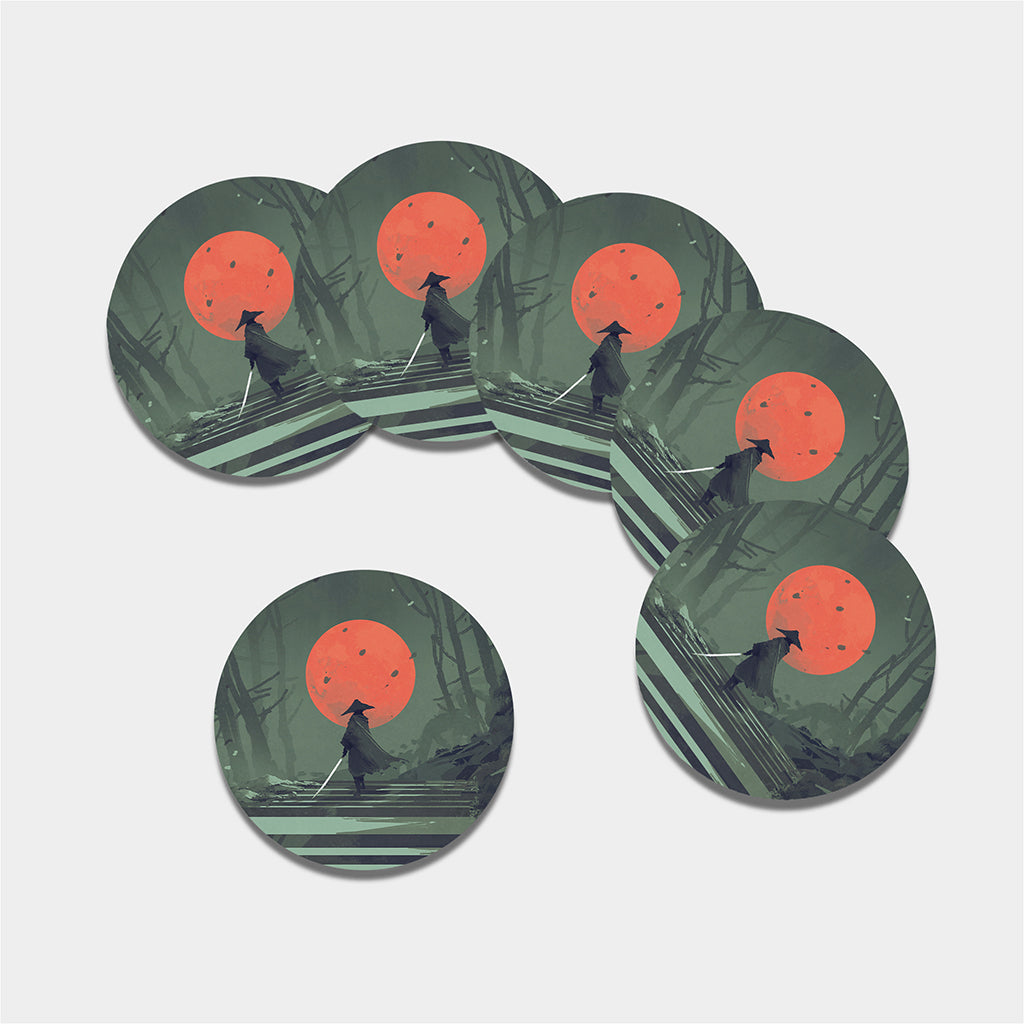 Red Moon Samurai Print Leather Coaster Set