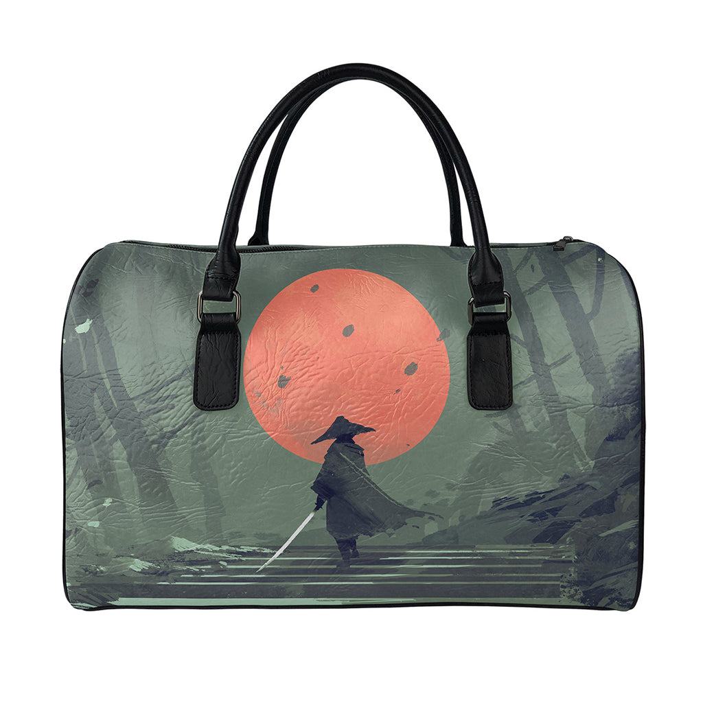 Red Moon Samurai Print Leather Duffle Bag