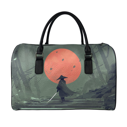 Red Moon Samurai Print Leather Duffle Bag