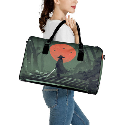 Red Moon Samurai Print Leather Duffle Bag