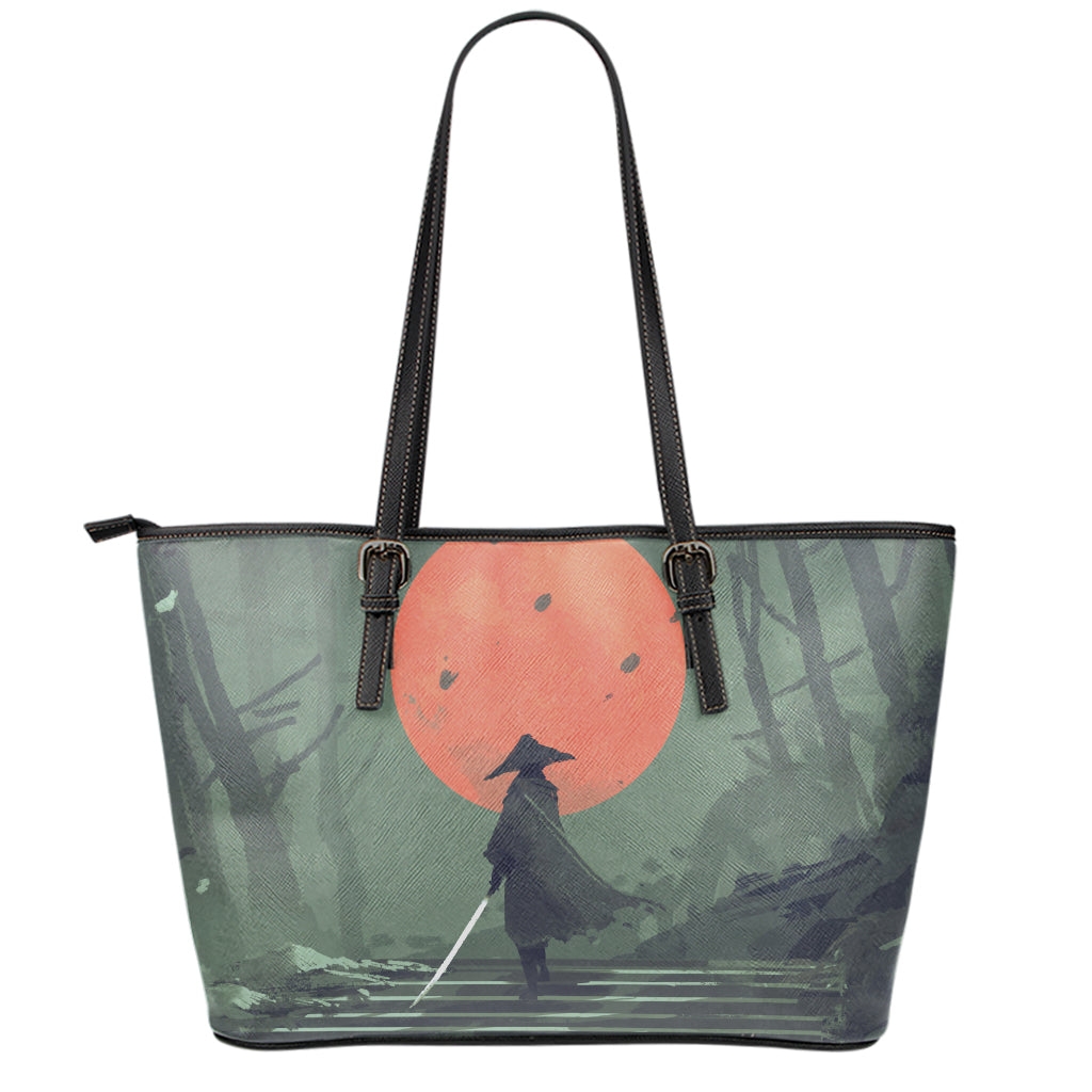 Red Moon Samurai Print Leather Tote Bag