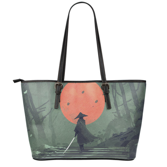 Red Moon Samurai Print Leather Tote Bag