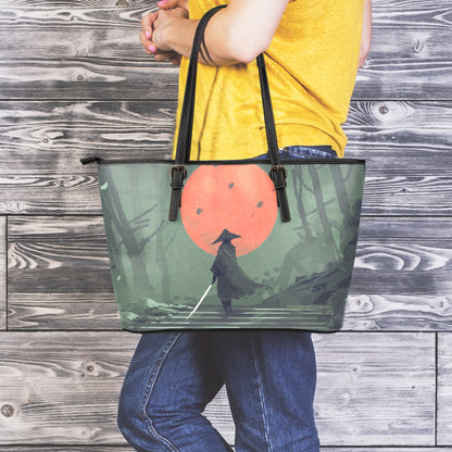 Red Moon Samurai Print Leather Tote Bag