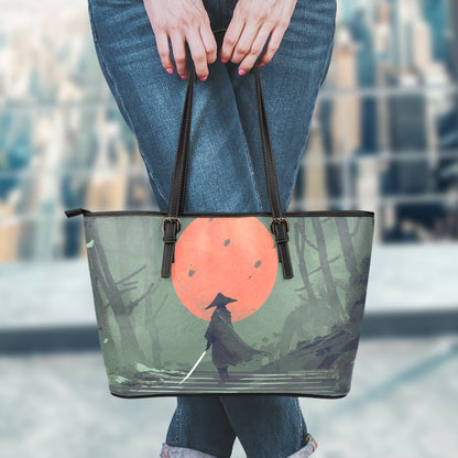 Red Moon Samurai Print Leather Tote Bag