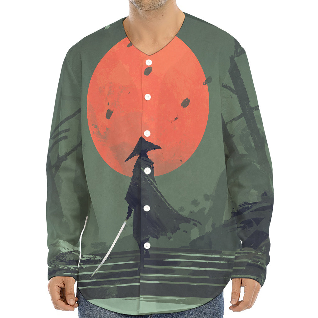 Red Moon Samurai Print Long Sleeve Baseball Jersey