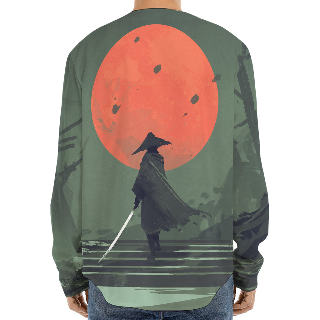 Red Moon Samurai Print Long Sleeve Baseball Jersey