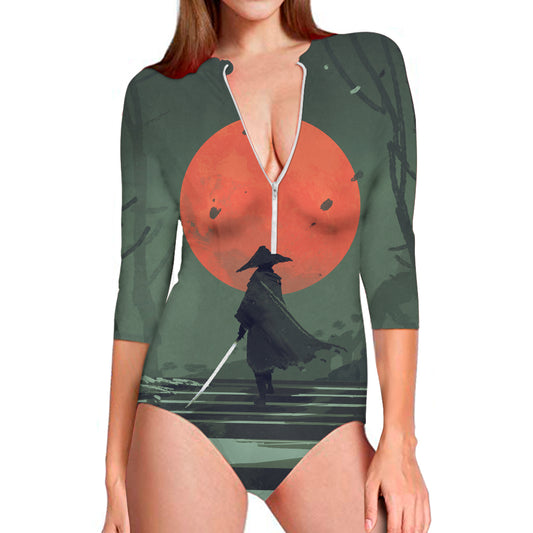 Red Moon Samurai Print Long Sleeve Swimsuit