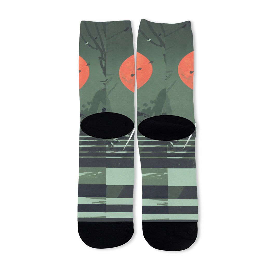 Red Moon Samurai Print Long Socks