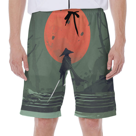Red Moon Samurai Print Men's Beach Shorts