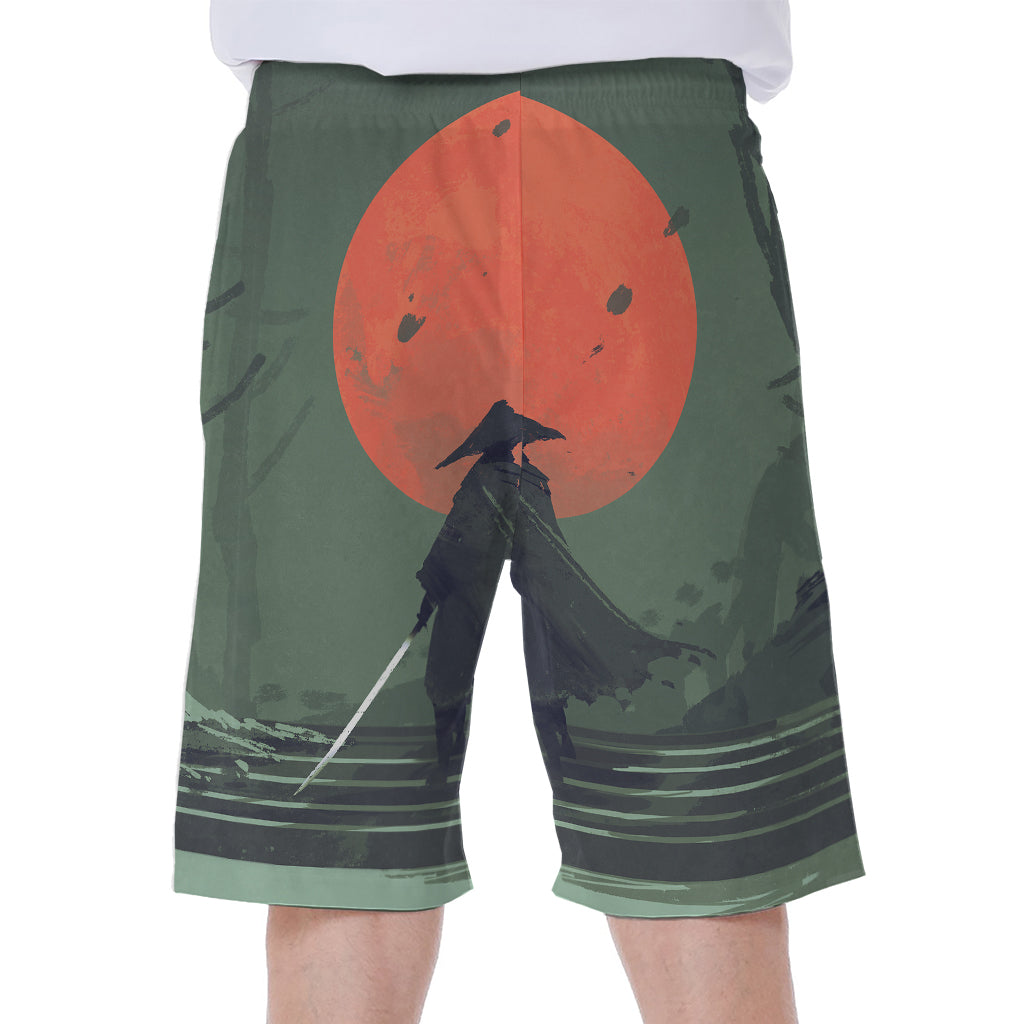 Red Moon Samurai Print Men's Beach Shorts