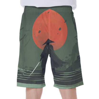 Red Moon Samurai Print Men's Beach Shorts