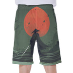 Red Moon Samurai Print Men's Beach Shorts