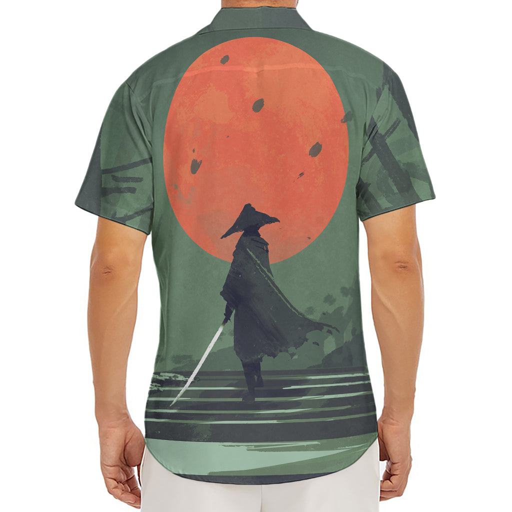 Red Moon Samurai Print Men's Deep V-Neck Shirt