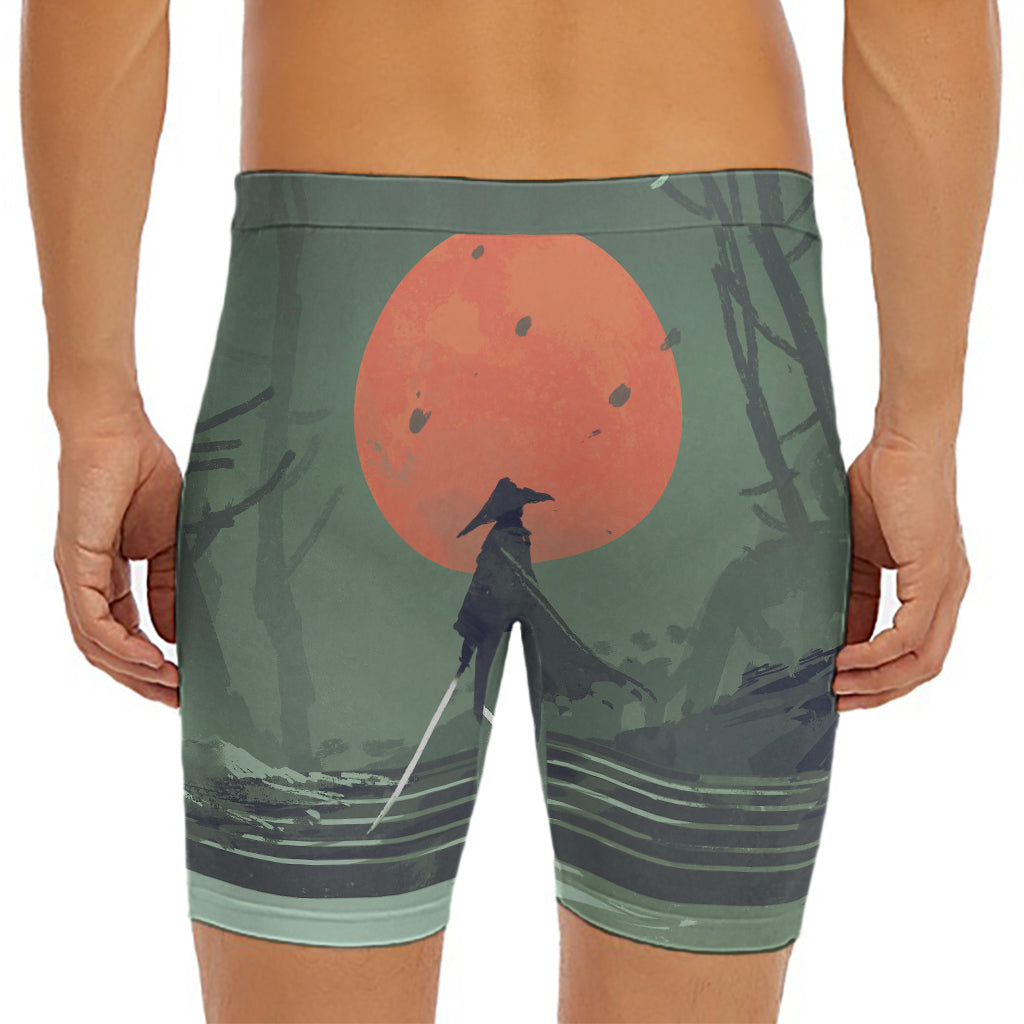 Red Moon Samurai Print Men's Long Boxer Briefs