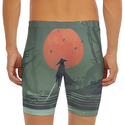 Red Moon Samurai Print Men's Long Boxer Briefs