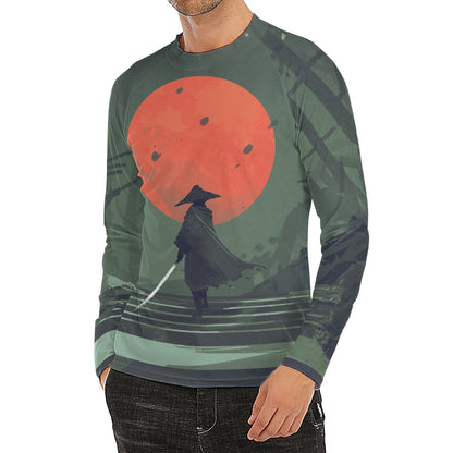 Red Moon Samurai Print Men's Long Sleeve Rash Guard