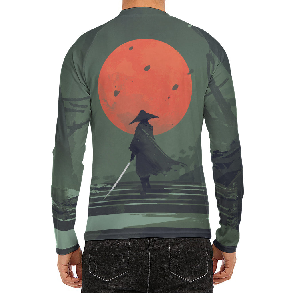 Red Moon Samurai Print Men's Long Sleeve Rash Guard