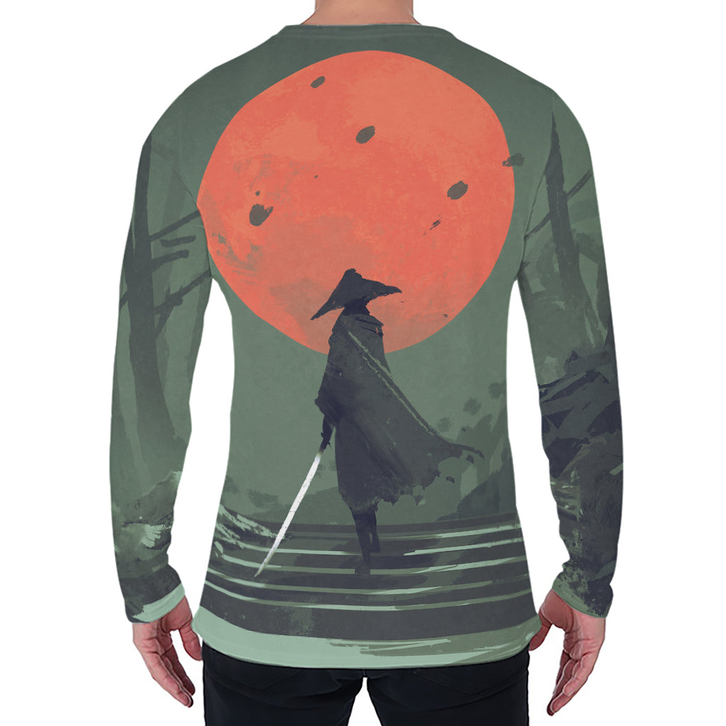 Red Moon Samurai Print Men's Long Sleeve T-Shirt