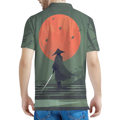 Red Moon Samurai Print Men's Polo Shirt