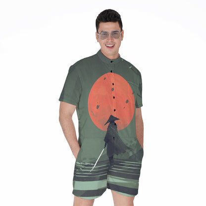 Red Moon Samurai Print Men's Rompers