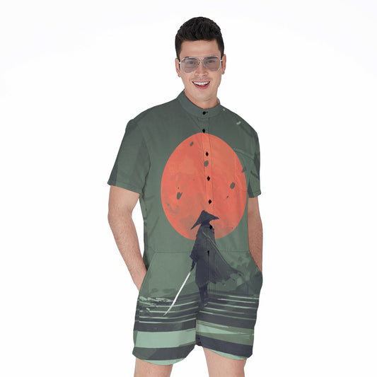 Red Moon Samurai Print Men's Rompers