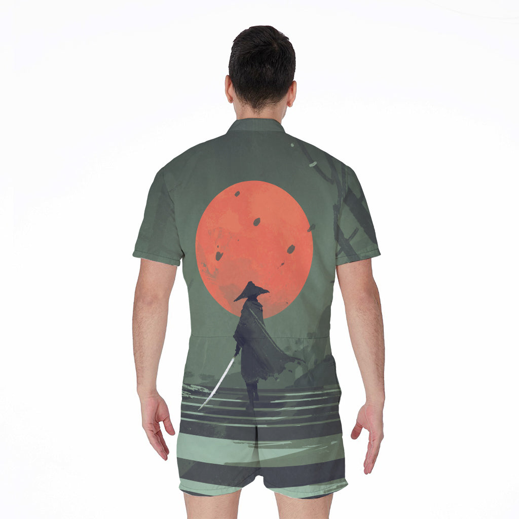 Red Moon Samurai Print Men's Rompers