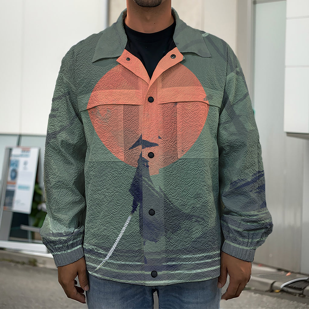 Red Moon Samurai Print Men's Shirt Jacket