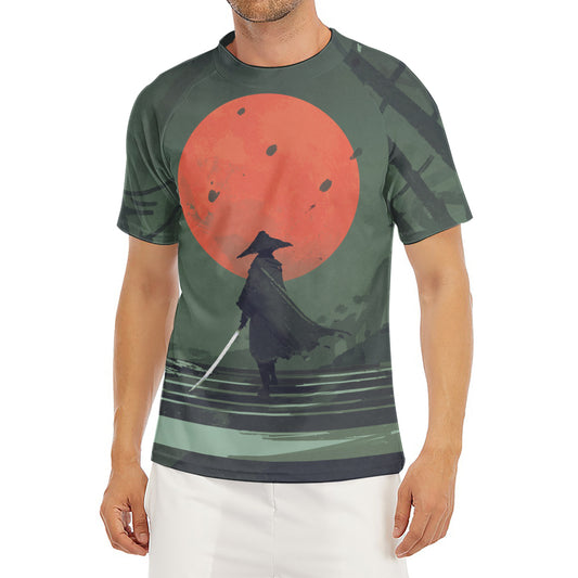 Red Moon Samurai Print Men's Short Sleeve Rash Guard
