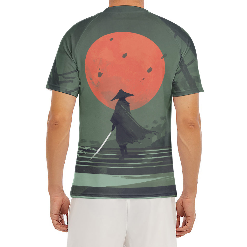 Red Moon Samurai Print Men's Short Sleeve Rash Guard