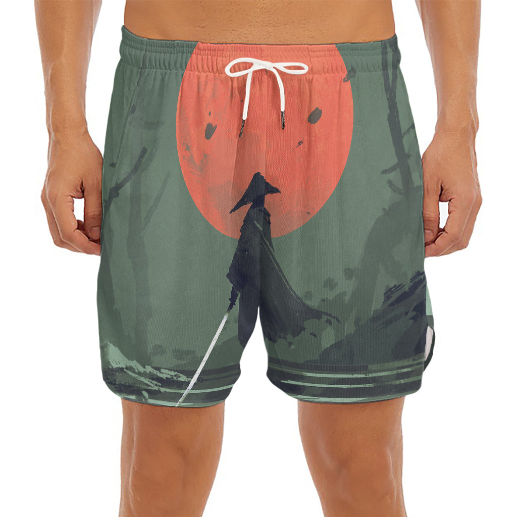 Red Moon Samurai Print Men's Split Running Shorts
