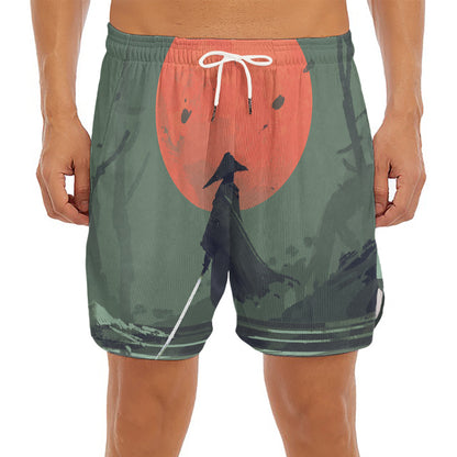 Red Moon Samurai Print Men's Split Running Shorts